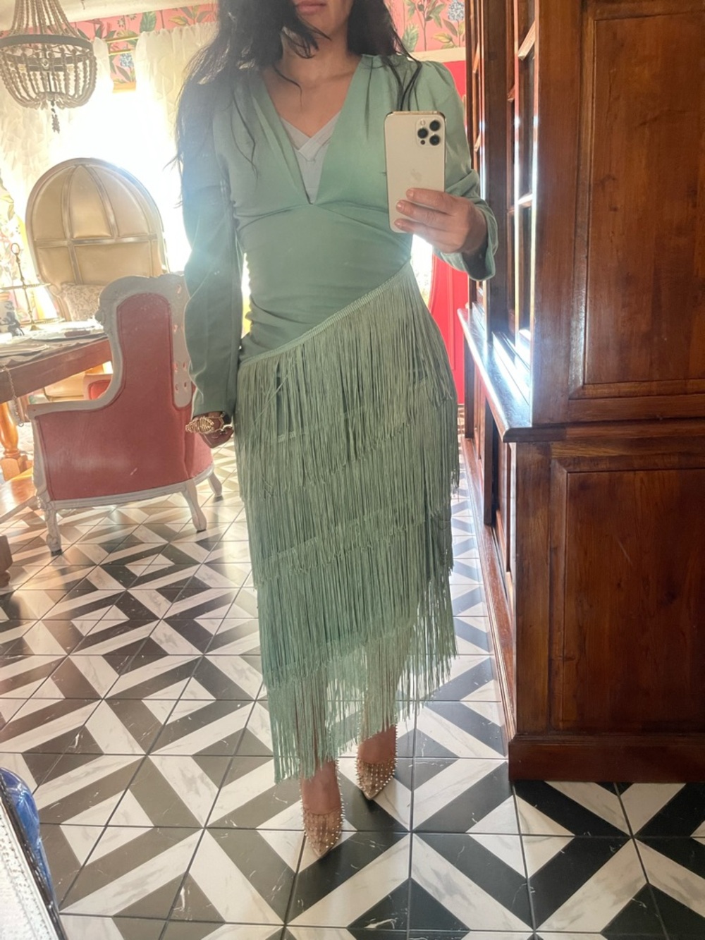 Chic Long Sleeve Fringe Dress in Teal - Picture 8 of 8